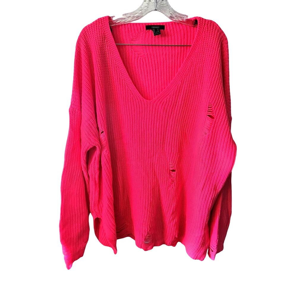 Forever 21 Hot Pink Knit Oversized V-Neck Pullover Ribbed Sweater Size Medium